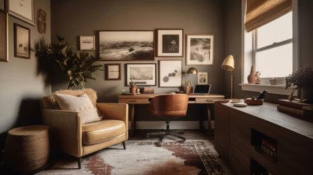 A cozy corner office with a vintage-inspired swivel chair and a mix of contemporary art created with Generative AIの素材