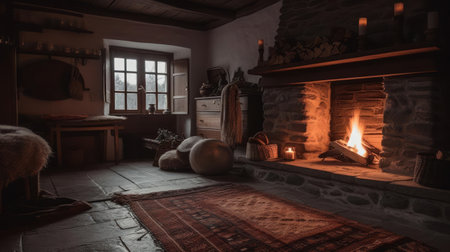 A cozy fireplace with a roaring fire and warm blankets created with Generative AIの素材