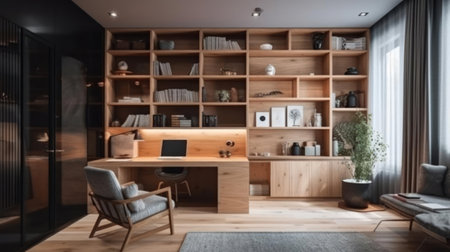 A cozy home office with a bookshelf and comfortable armchair for breaks created with Generative AIの素材