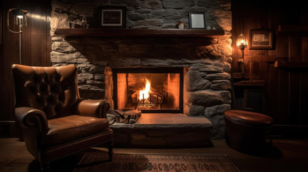 A cozy fireplace with a crackling fire and a comfortable armchair created with Generative AIの素材