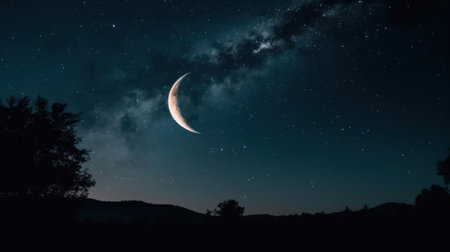 A crescent moon hanging low against a backdrop of stars on a cloudless night created with Generative AIの素材