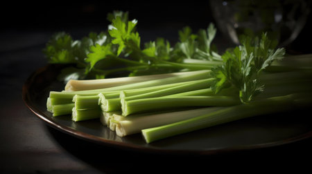 A crunchy and refreshing stalk of celery great for hummus or peanut butter dipping created with Generative AIの素材