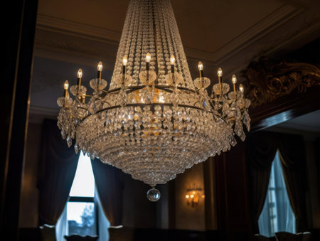 A crystal chandelier hanging from the ceiling created with Generative AIの素材