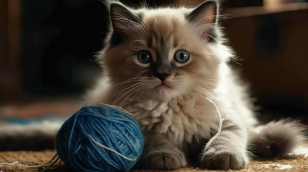 A cute kitten with big blue eyes and a fluffy tail playing with a ball of yarn created with Generative AIの素材