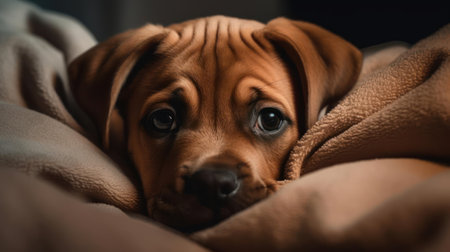 A cute puppy snuggled up in a cozy bed created with Generative AIの素材