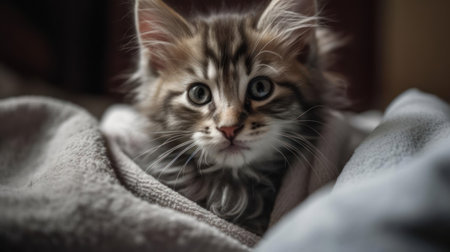 A cute kitten cuddled up in a fluffy blanket created with Generative AIの素材