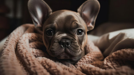 A cute puppy snuggled up in a cozy bed created with Generative AIの素材
