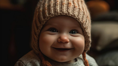 A cute baby with a big smile wearing a soft knit hat created with Generative AIの素材