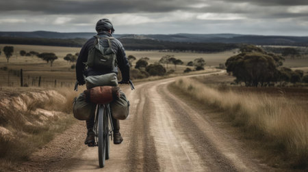 A cyclist takes in the beautiful scenery on a country road wind in their hair created with Generative AIの素材