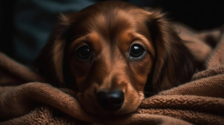 A dachshund puppy snuggled up in a blanket created with Generative AIの素材