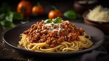 A delicious plate of spaghetti bolognese with a generous serving of grated cheese created with Generative AIの素材