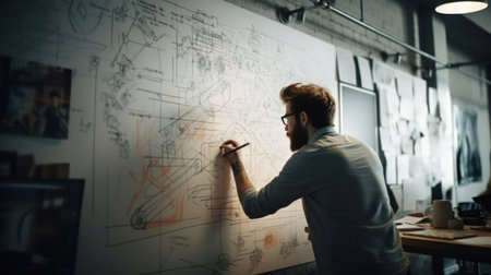 A designer making sketches on a large whiteboard in a well-appointed office room created with Generative AIの素材