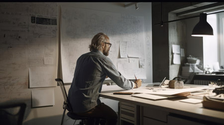 A designer making sketches on a large whiteboard in a well-appointed office room created with Generative AIの素材