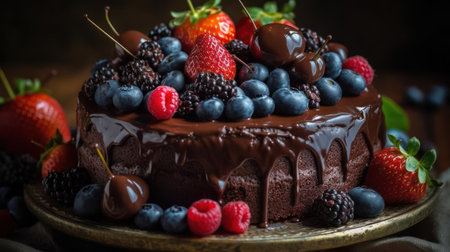 A delicious chocolate cake with a thick layer of ganache and fresh berries on top created with Generative AIの素材