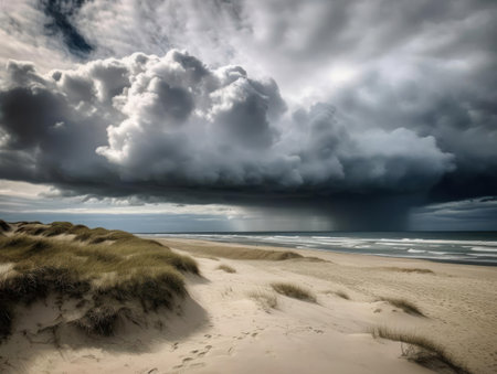 A dramatic cloud formation over a sandy beach created with Generative AIの素材