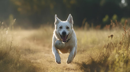 A dog runs across a field chasing a ball with its tongue lolling out created with Generative AIの素材