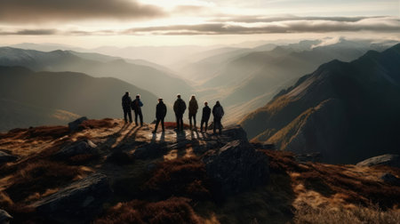 A dramatic photo of a group of people standing on a mountaintop with a stunning view of surrounding valleys and peaks created with Generative AIの素材