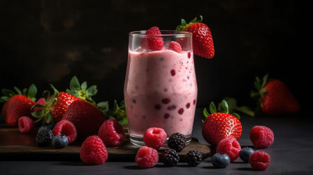 A fluffy and creamy strawberry milkshake with fresh berries created with Generative AIの素材