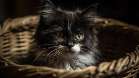 A fluffy black and white kitten sitting in a basket created with Generative AIの素材