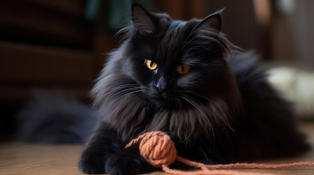 A fluffy black cat playing with a string toy created with Generative AIの素材