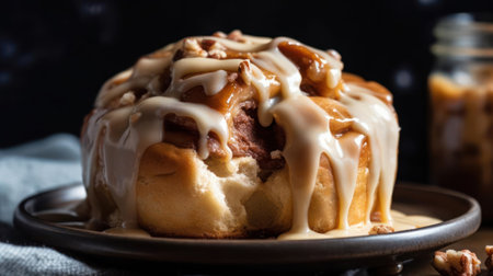 A fluffy and sweet maple cinnamon roll with a creamy frosting created with Generative AIの素材