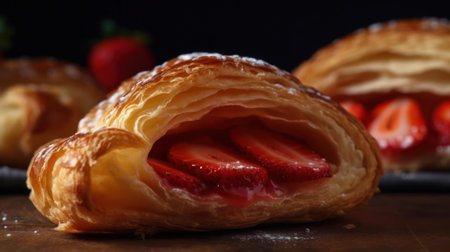 A flaky buttery Danish filled with creamy custard and sliced strawberries created with Generative AIの素材