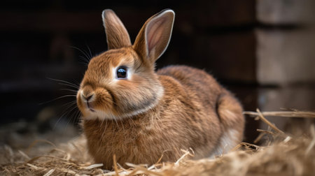 A fluffy brown bunny sitting in a pile of hay created with Generative AIの素材
