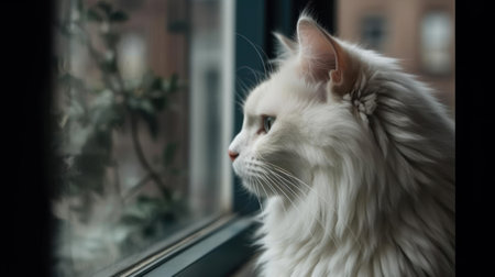A fluffy white cat sitting on a windowsill looking outside created with Generative AIの素材