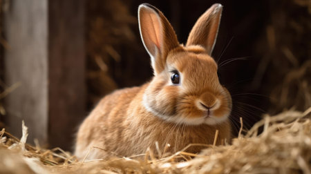 A fluffy brown bunny sitting in a pile of hay created with Generative AIの素材