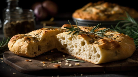 A fragrant rosemary-infused focaccia with a crispy crust and a tender crumb created with Generative AIの素材