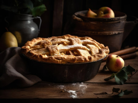 A fresh baked apple pie on a rustic wooden table created with Generative AIの素材