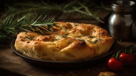 A fragrant rosemary-infused focaccia with a crispy crust and a tender crumb created with Generative AIの素材
