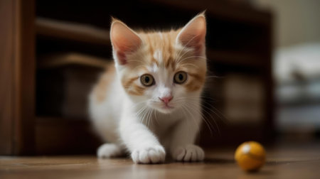 A ginger and white kitten playing with a ball created with Generative AIの素材