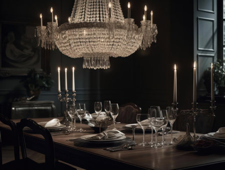 A glamorous crystal chandelier dangling above a grand dining table created with Generative AIの素材