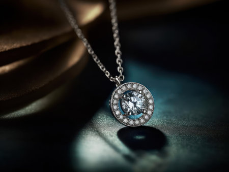 A glittering diamond pendant hanging from a delicate chain created with Generative AIの素材