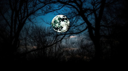 A glowing full moon in a midnight blue sky against a silhouette of trees created with Generative AIの素材