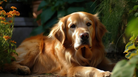 A golden retriever laying in a garden created with Generative AIの素材
