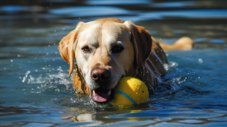 A golden labrador playing in a pool created with Generative AIの素材