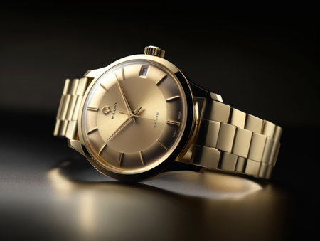 A gold-plated watch featuring a champagne-colored face created with Generative AIの素材