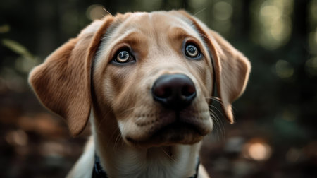 A golden lab puppy looking up with a curious expression created with Generative AIの素材