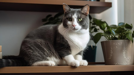 A gray and white tuxedo cat perched on a shelf created with Generative AIの素材