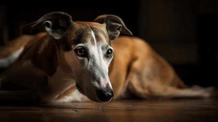 A greyhound laying on the floor looking graceful and elegant created with Generative AIの素材
