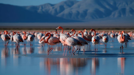 A group of flamingos standing in a shallow pink lagoon with a sunny blue sky behind them created with Generative AIの素材