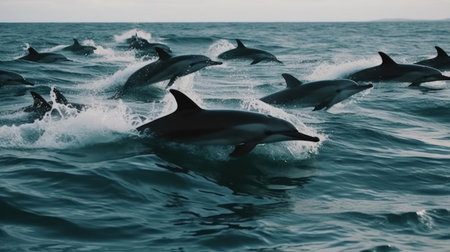 A group of dolphins playing and swimming together in the ocean created with Generative AIの素材