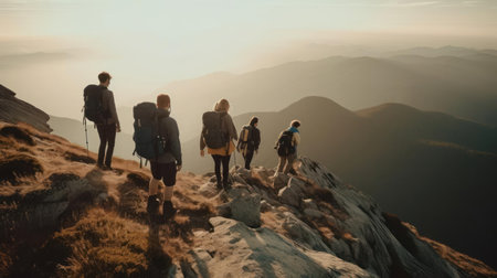 A group of friends climbing a mountain peak created with Generative AIの素材