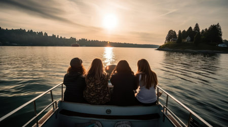 A group of friends enjoying a boat ride on a lake created with Generative AIの素材