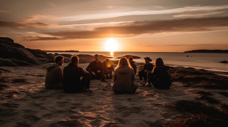A group of friends sitting on a beach watching the sunset created with Generative AIの素材