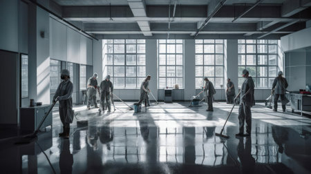 A group of janitors cleaning an office building created with Generative AIの素材