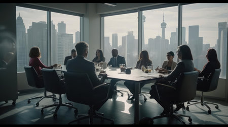 A group of marketing executives discussing a new campaign strategy in a stylish conference room with a city view created with Generative AIの素材