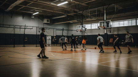 A group of people playing pickup basketball in a gym created with Generative AIの素材